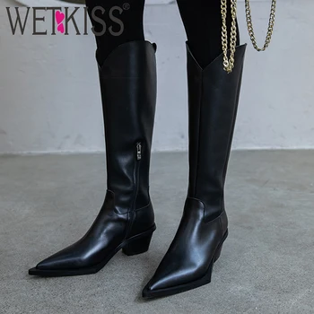 

WETKISS Western Boots Women Cow Leather Mid-Calf Boot Female Cowboy Shoes Ladies Pointed Toe High Heels Shoes Women Winter 2020