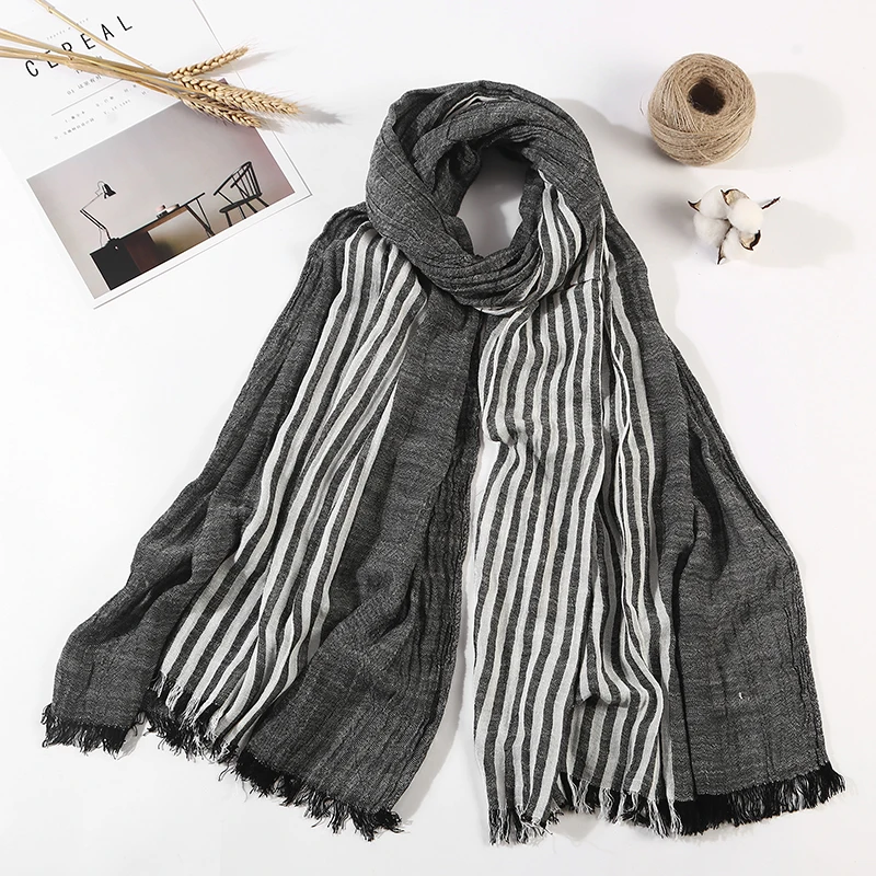Striped Black Новинка, японский стиль унисекс, зимний шарф, хлопок и лен, одноцветные, длинные женские шарфы, шаль, модный мужской шарф - Цвет: Striped Black