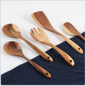 

6 PCS Wooden Kitchen Utensil Set, Wooden Salad Spoon, Rice Spoon, Wooden Fork, Colander, Spatula, Frying Shovel, Cooking Supplie