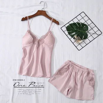 

2020 New Satin Strap Top&Shorts Women Sexy Intimate Lingerie Pajamas Set Lace Sleepwear Nightgown Silky Pyjamas Home Clothes