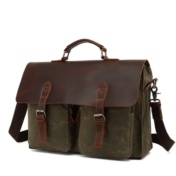 

Vintage Canvas Briefcase Laptop Bag Large Men Messenger Bags Crazy Horse Leather Portable Shoulder Crossbody Work School Satchel