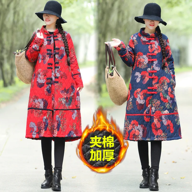

National Wind Cotton Overcoat 2019 Winter New Style Large Size Mid-length Cotton Linen Printed Thick Quilted Trench Coat Women's