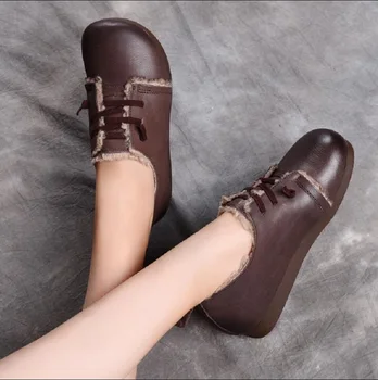 

vintage flat heel Women's Shoes comfortable Genuine Leather Slip on Loafers 2019 Winter Woman warm Shoes Casual Ladies Moccasin