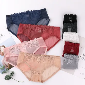 

Costuras de encaje hueco transpirable color sólido alto elástico cintura baja modeladora ropa interior dulce niña ropa interior