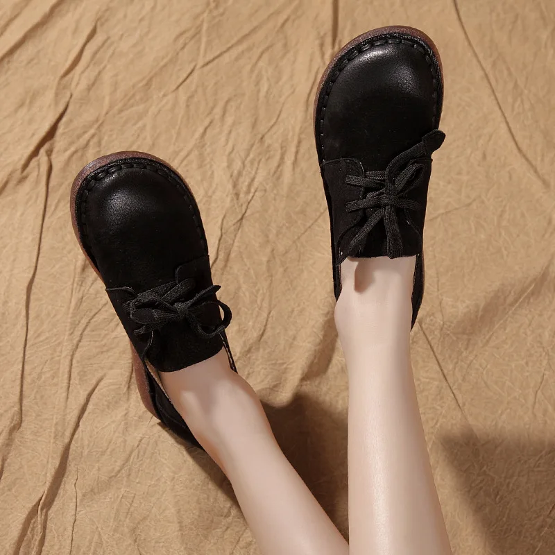 

Delphinium 2019 Leather Shoes Women's Soft-Sole Deep Mouth Lace-up Casual Shoes Handmade Retro Flat Leather Shoes for Four Seaso