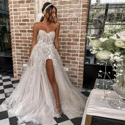 Sevintage Boho High Side Split Wedding Dresses Lace Appliques Sweetheart Princess Bridal Dress Sleeveless Wedding Gown