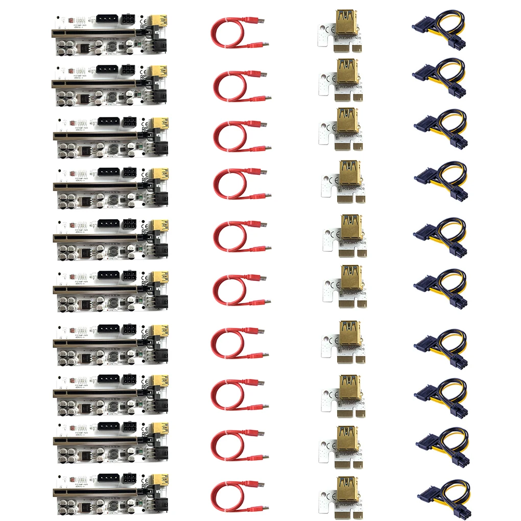 10pcs Newest VER010 USB 3.0 PCI-E Riser VER 009S Express 1X 4x 8x 16xExtender Riser Adapter Card SATA 15pin to 6 pin Power Cable