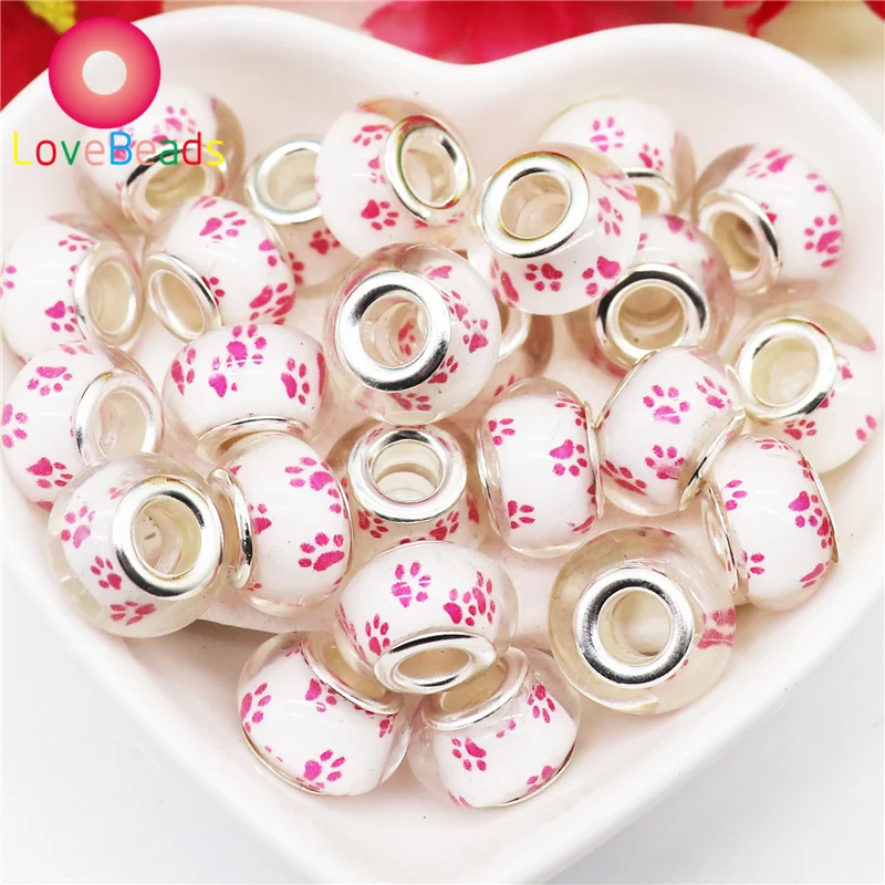 

10Pcs New Large Hole Puppy Dog Paw Prints Pattern Acrylic European Beads Fits Charm Bracelets Beads for DIY Women Jewelry Making