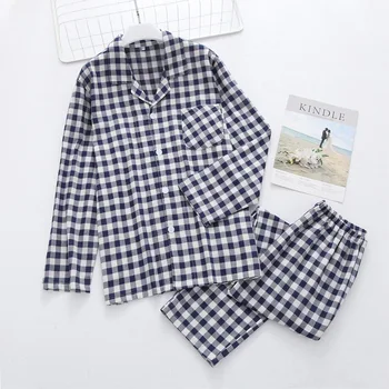 

Men&Women 2PCS Sleep Set Cotton Gauze Nightwear Pajamas Casual Plaid Shirt&Pants Pyjamas Soft Sleepwear Intimate Lingerie