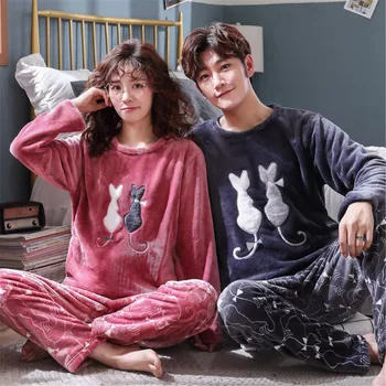 

Winter Flannel Fleece Warm Pajama Set For Women Cartoon Lovers Pyjamas suit Women And Men warm Sleepwear Pijamas Women Nightwear