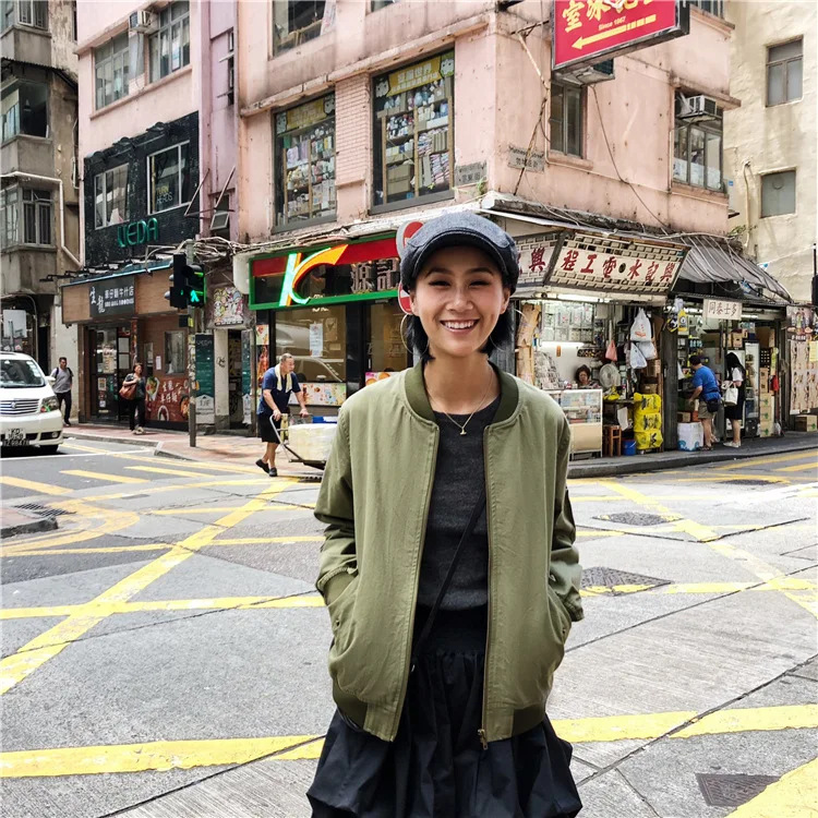 

Base-of Jacket! Army Green Loose-Fit Short Baseball Uniform Autumn Stand Collar Retro Casual Jacket Women's