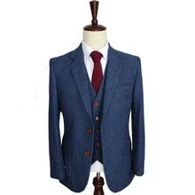 

2021 New High Quality Custom Wool Blue Herringbone Pattern Retro Notch Lapel Men's Suit 3- Piece Set (coat + pants + vest+Tie)