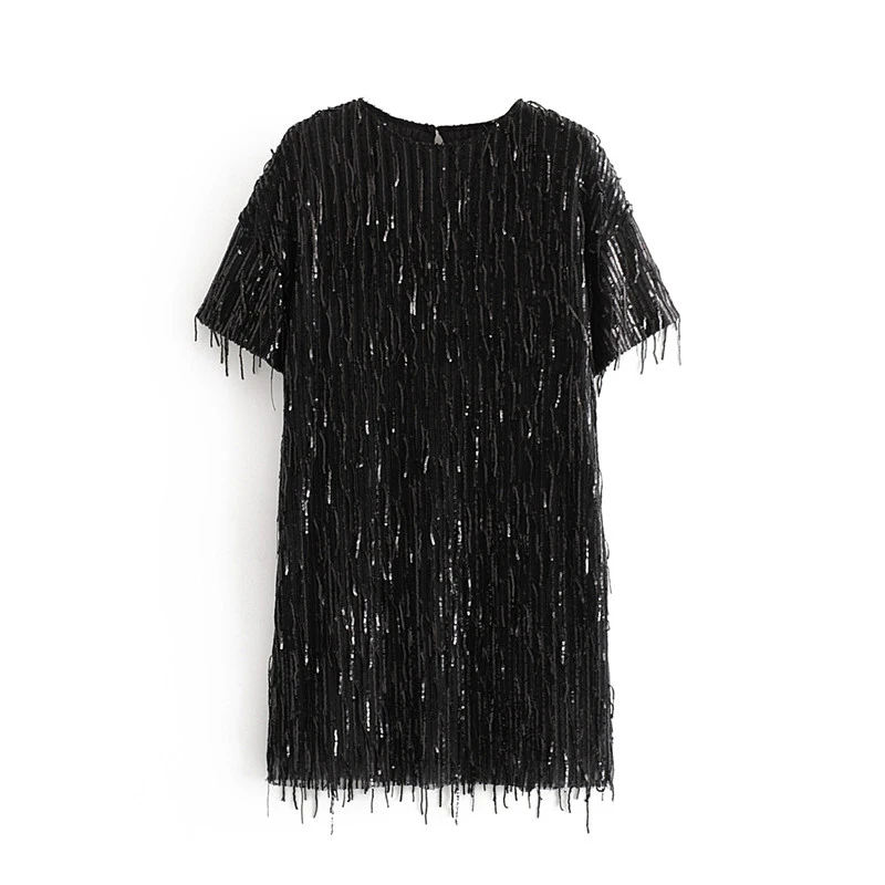 black dress Звездный Светлячок, модное женское платье Za,, повседневное, тонкое, с блестками, с кисточками, сексуальное, с круглым вырезом, с коротким рукавом, Мини платье для женщин - Цвет: black dress