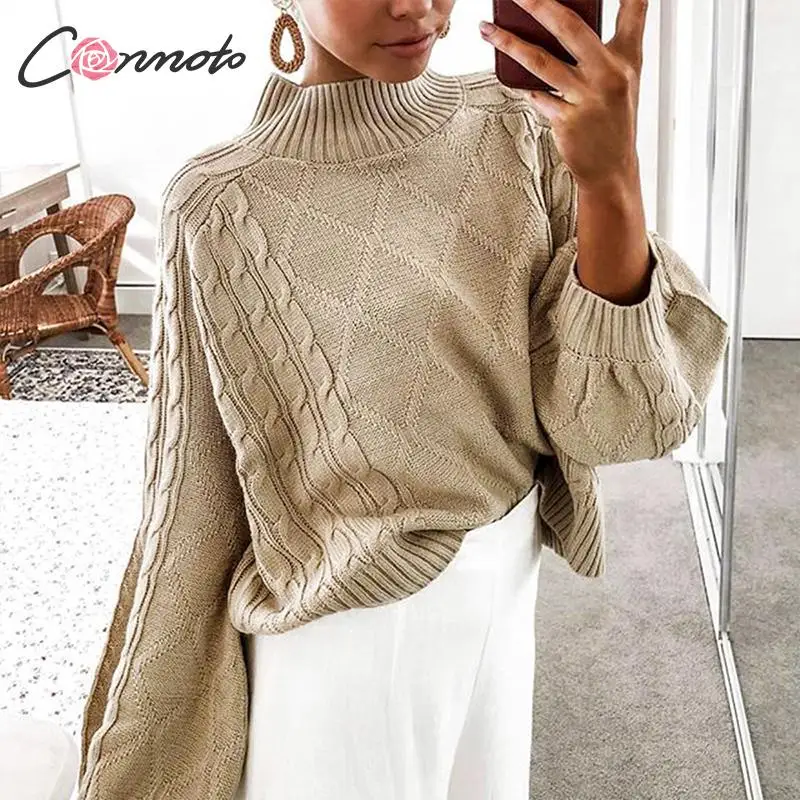 

Conmoto Autumn Winter Women Sweater Knitted Pullover 2019 Casual High Street Lantern Sleeve Loose Jumpers Female Black Sweater