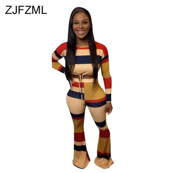 

Stripe Sexy 2 Piece Matching Set Outfit Women O Neck Long Sleeve Crop Top and High Waist Wide Leg Pants Autumn Causal Tracksuits