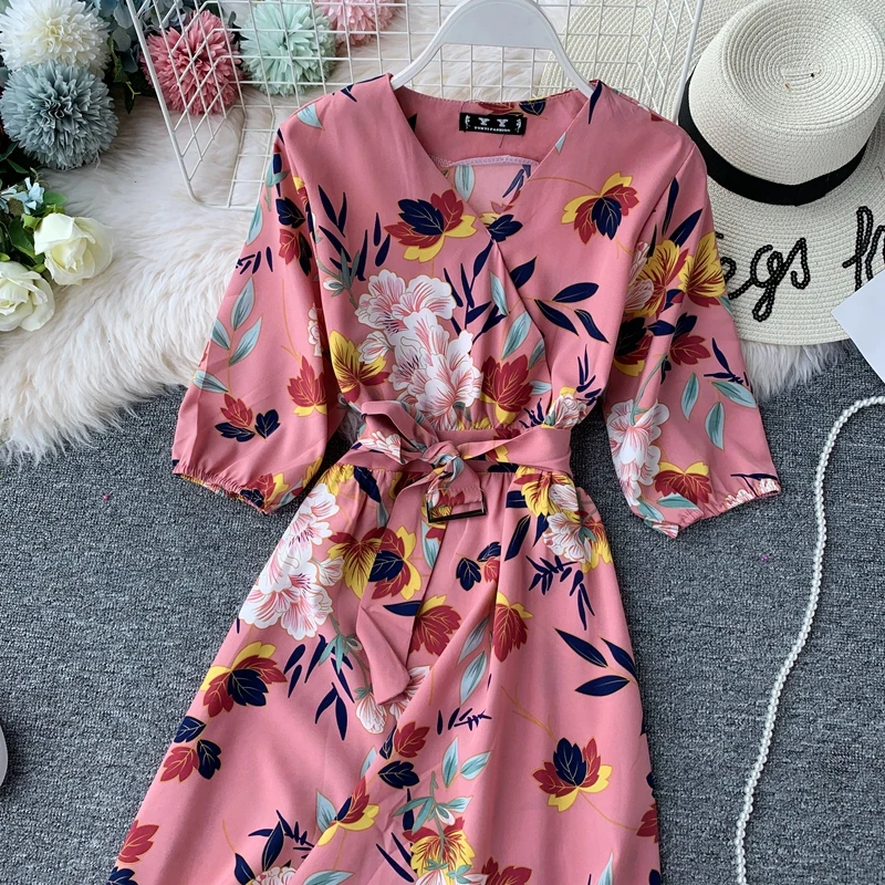 Boho V образным вырезом Летнее цветочное платье миди длинное шифоновое платье Вечерние Бандажное женское повседневное вечернее элегантное пляжное праздничное ТРАПЕЦИЕВИДНОЕ ПЛАТЬЕ