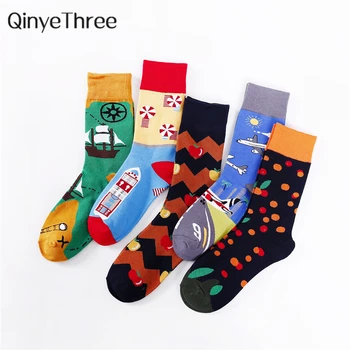 

1 pair women socks combed cotton cartoon beach airport ship fruit plane geometric novelty funny unisex socks couples socks