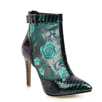

2020 Women Spring Summer Ankle Boots Fashion Print Pointed Toe Shoes Ladies Thin Heel Buckle Zipper Woman Boots Black Blue Green