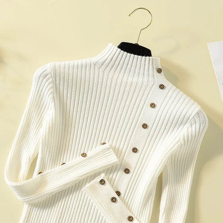 Fashion Turtleneck Sweater Women Long Sleeve Button Decoration Slim Women Pullover Sweater 2019 Autumn Winter Female Jumpers (43)