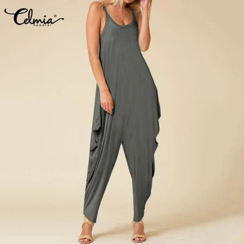 

Celmia 2020 Summer Fashion Jumpsuits Women Casual Sleeveless Straps Rompers Ladies Solid Harem Pants Elegant Playsuits Overalls
