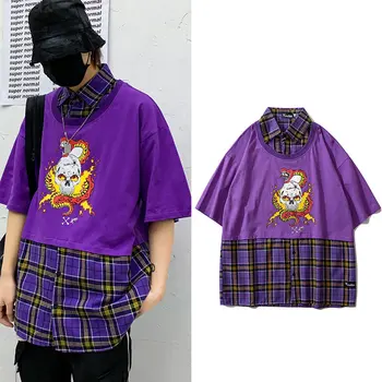 

2020 Summer Hip Hop Streetwear Men's Joker Skull Print T-shirt Personality Fake Two Short Sleeved Men Shirts Lapel Lovers Tshirt