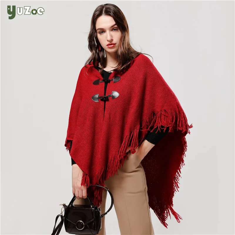 

YUZOE Horn Buckle Vintage Fashion Winter Knitted Khaki Poncho Tassel Scarves for Women Cloak Warm Shawls Woman Female Cardigan