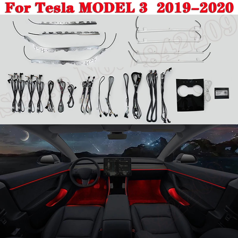 For Tesla MODEL 3  2019-2020 Ambient Light Set Screen Control Decorative LED 64 colors Atmosphere Lamp illuminated Strip