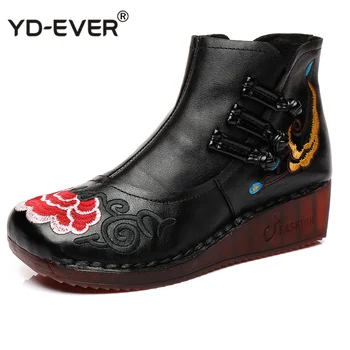

Women Genuine Leather Boots Fashion Handmade Retro Boots Wedges Heels Ankle Boots Female Cowhide Embroidered Shoes
