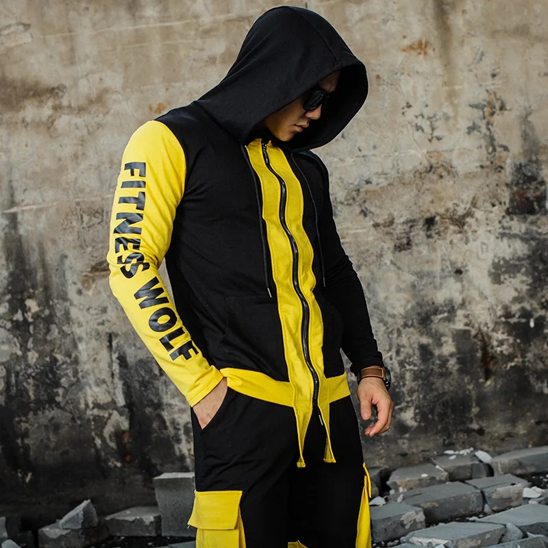 

Fitness Wolf brand sporting suit men 2 Pieces Hoodies+pants Sets Mens Gyms Sportswear Jogger Suit Male Patchwork Tracksuit sets