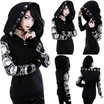 

Womens Gothic Hooded Cosplay Coat Black Punk Hoodie Jacket Witch Outwear Tops Printed Autumn Winter Leisure Fashion