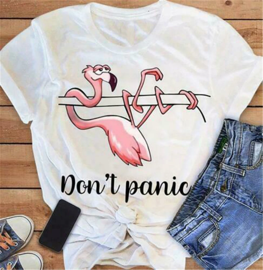 Flamingo Don'T Panic Ladies T-Shirt White Cotton S-3Xl Made In Usa Hot Summer Casual Tee Shirt | Мужская одежда