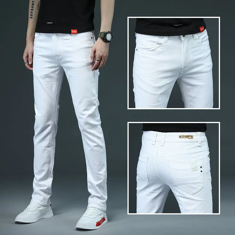 Pantalones vaqueros ajustados elásticos para hombre, Jeans ajustados informales a la moda, de marca, color verde, negro, caqui y blanco