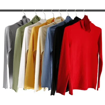 

2019 autumn and winter new knit sweater slim fit pullover long sleeve pile collar solid color inside