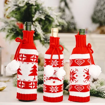 

Christmas Knitted Wine Bottle Cover New Year Party Champagne Bottle Cover Reindeer Christmas Tree Snowflake Wine Bottle