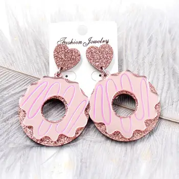 

Fashion Lovely Shiny Pink Peach Heart Sweet Doughnut Acrylic Earrings for Women Girls Glitter Powder Night Club Party Earrings