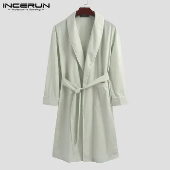 

INCERUN Fashion Men Sleep Robe Solid Color Long Sleeve Homewear Bathrobes Lapel Leisure Cozy Nightgown Mens Dressing Gown S-5XL