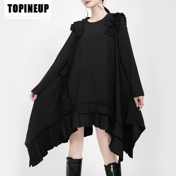 

Women's fashion Solid color round neck Irregular Long-sleeve Loose Folds Dress