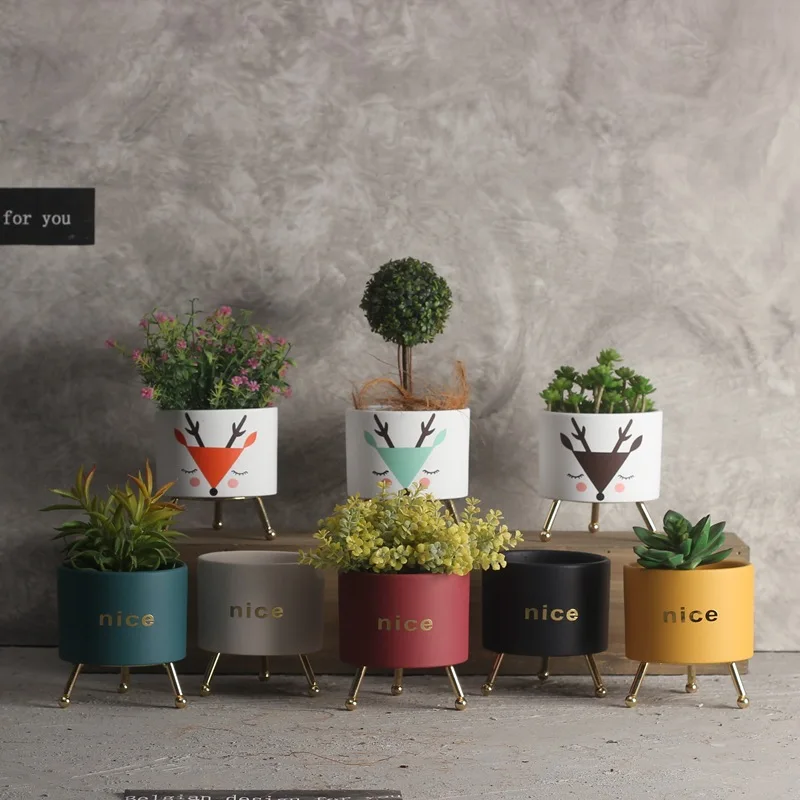 

Hot Sale Ceramic Flower Pot With Iron Frame Plant Holder Planter Green Plant Flower Pot Desk Office Home Decoration Flowerpot