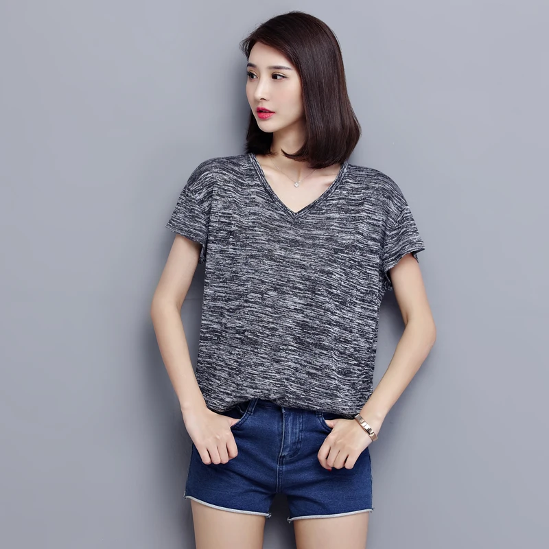 Большие размеры футболки летняя одежда для Для женщин Повседневное свободные V шеи с коротким рукавом Свободная оверсайз леди футболка корейский стиль одежда