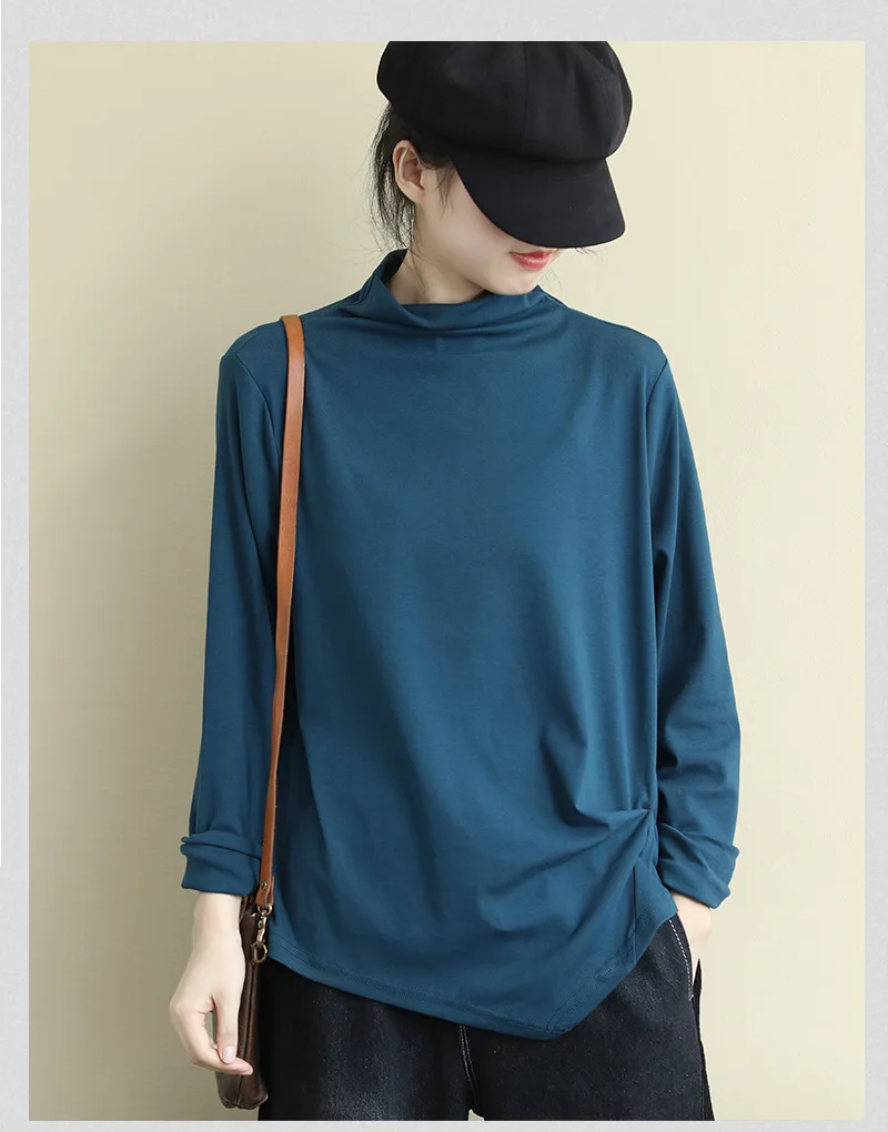 QPFJQD Spring Autumn Womens Cotton T Shirt Literary Long Sleeve Turtleneck Top Tees Ladies Warm Keep Shirt Mori Girls Tshirts