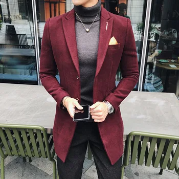 

Solid Color Long Blazer Men Vintage Retro Slim Fit Blazer Hombre Casual Wool Blend Men Coat High Quality Designer Blazer