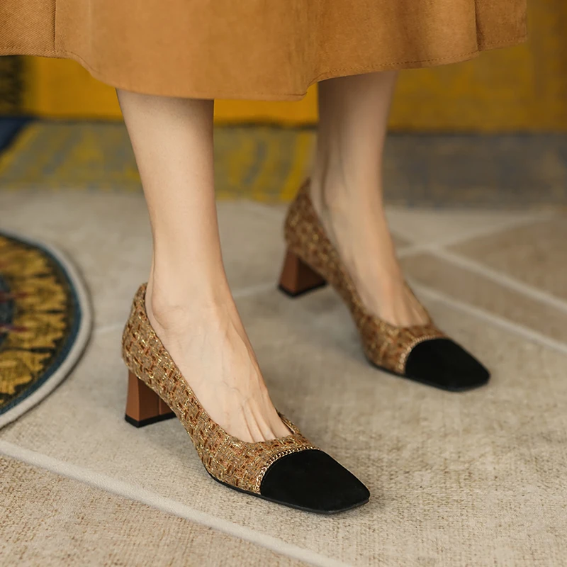 

MEZEREON Party Shoes 6CM Elegant High Heels Dress Women Knit Slip On Pumps Square Toe Footwear Modern Girls Designer Pumps