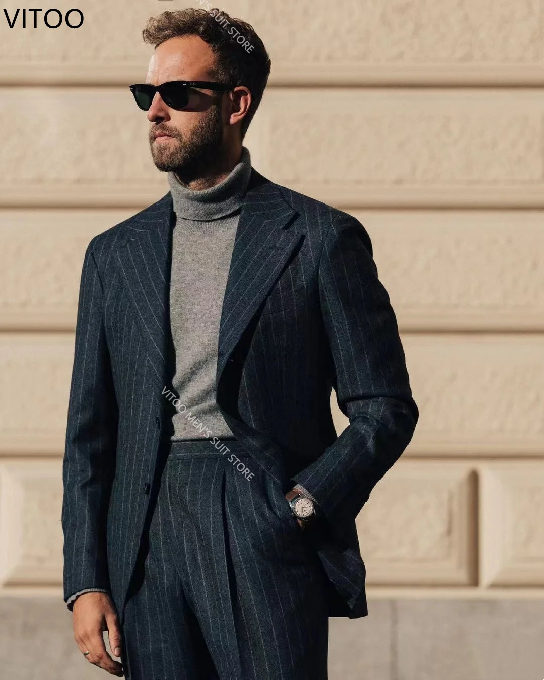 

Striped Costume Men Suits Tuxedos 2 Pcs Groom Prom Slim Fit Man Coat Pant Latest Design Business Formal Set Autumn And Winter