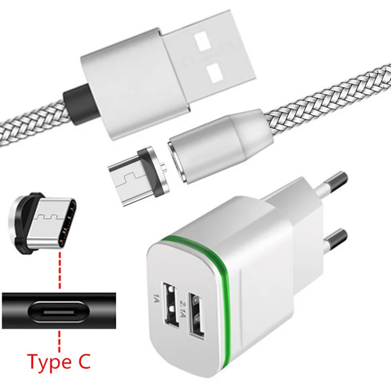 Магнитный светодиодный кабель типа C с настенной вилкой USB зарядное устройство для samsung galaxy A3 A5 A7 A70 A40 A50 A20E S8 S9 S10 Oppo Reno Z Find X - Тип штекера: EU charger and cable