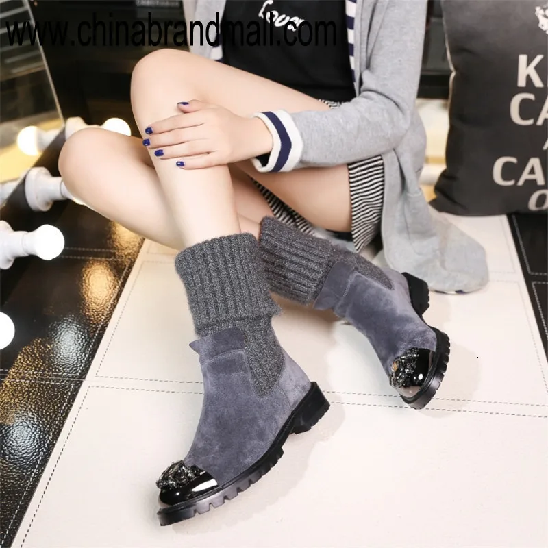 

Genuine Leather Suede Sock Booties Red Blue Green Crystal Embellished Metal Toe Women Flats Autumn Winter Boots Women Shoes