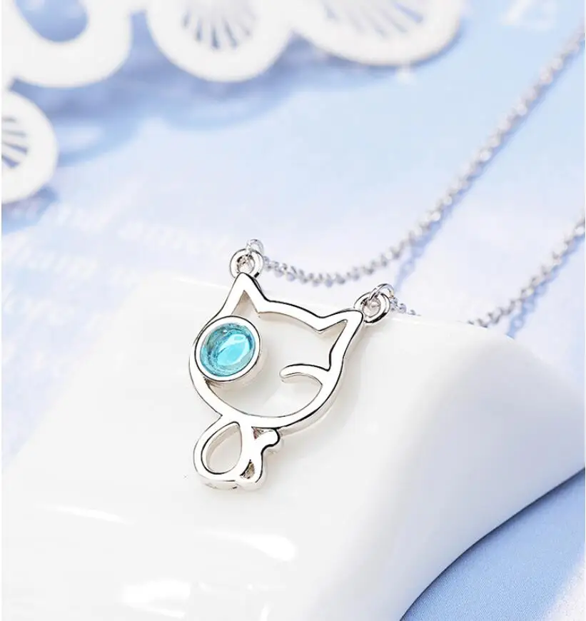 Синий кристалл кулон с милым котом ожерелья для женщин тренд короткая цепочка на ключицы 925 пробы серебряные ювелирные изделия аксессуары SAN164