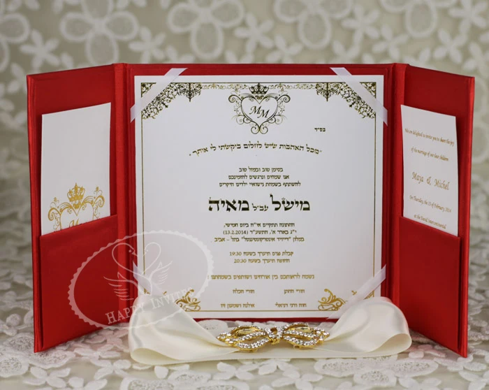 HI2003-111 Custom Red Silk Folder Wedding Invitation with Gold Foiling Printing & Gold Crown Booch Made in China More Colors Available