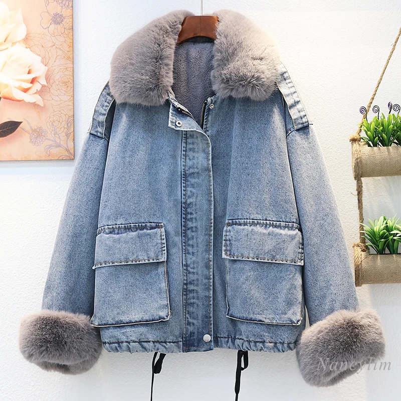 

Soft Artificial Fur Lamb Wool Coat Women's Winter Warm Clothed 2020 New Loose Thickened Velvet Denim Cotton Jacket Jeans Parkas
