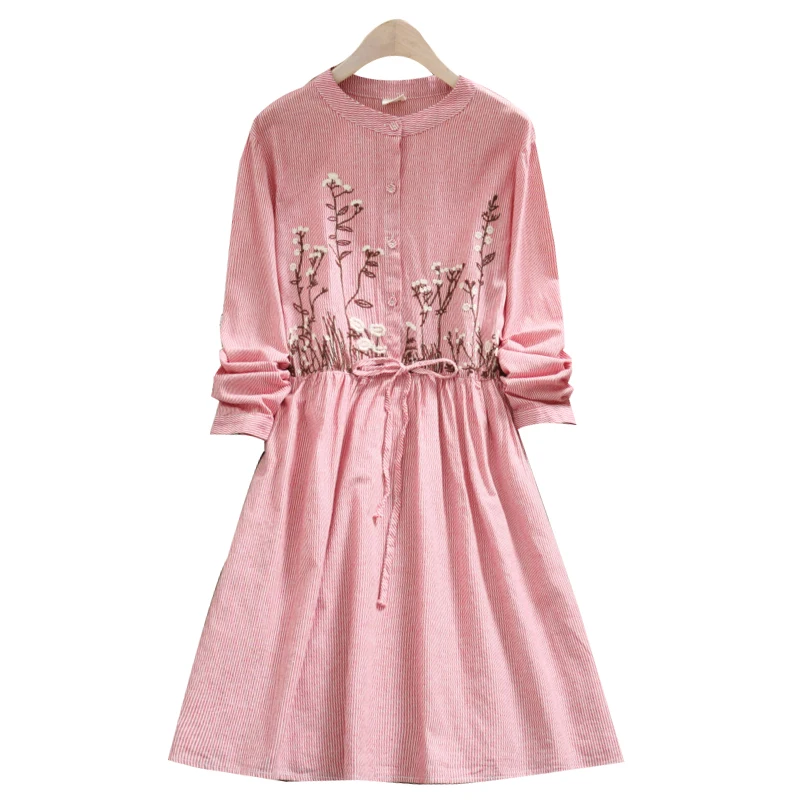 Осеннее женское платье Trytree Повседневное рубашка в полоску с круглым вырезом и