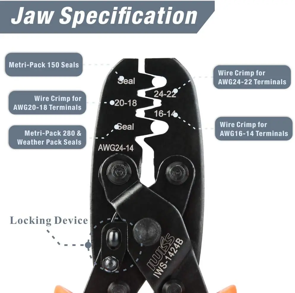 IWISS IWS-1424A/1424B Non Insulated Open Barrel Terminal Crimp Tool/Weather Pack Sealed Connector Crimping Plier hand tool